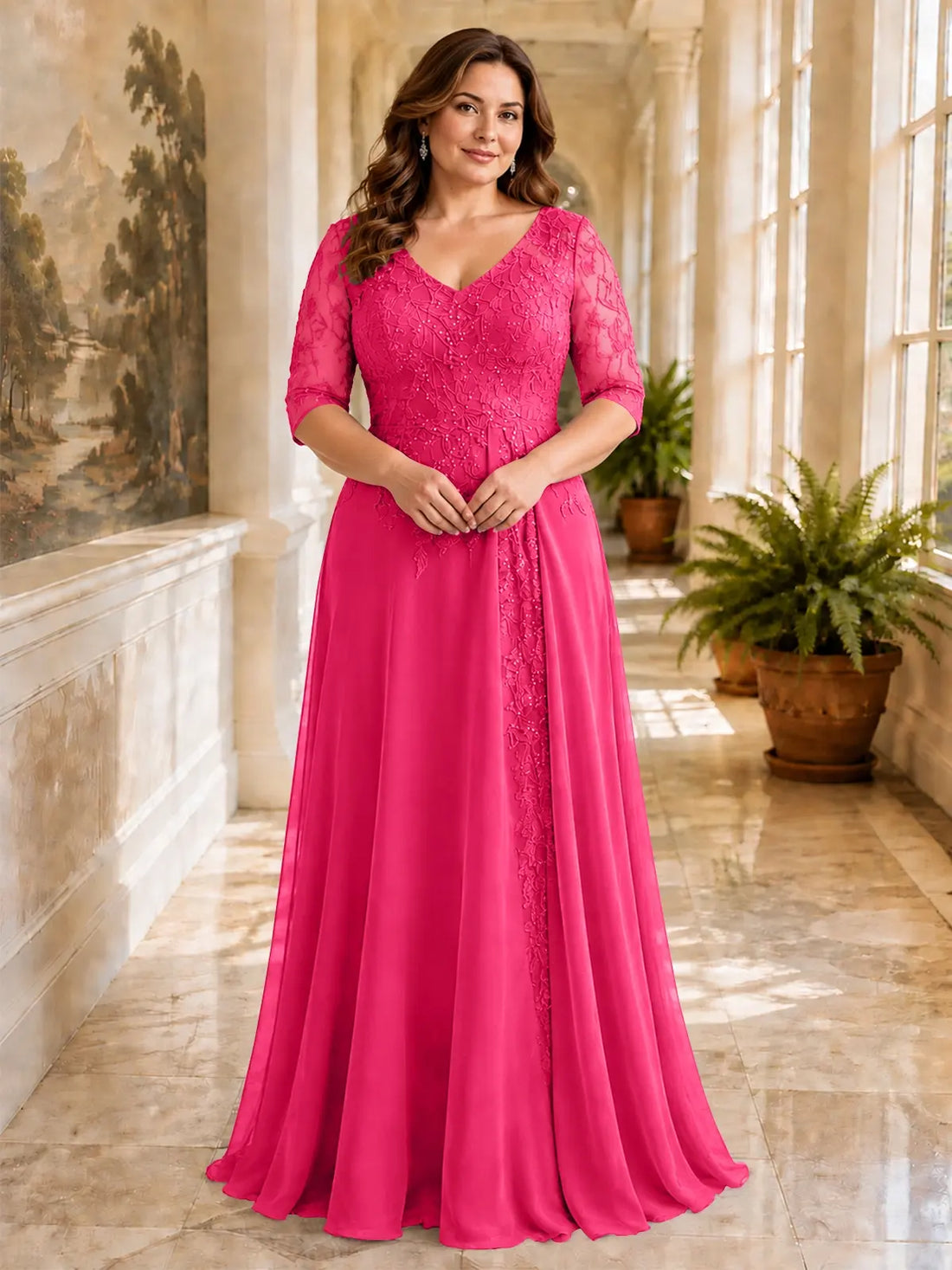 Applique V-Neck Chiffon Dress-Plus Size 