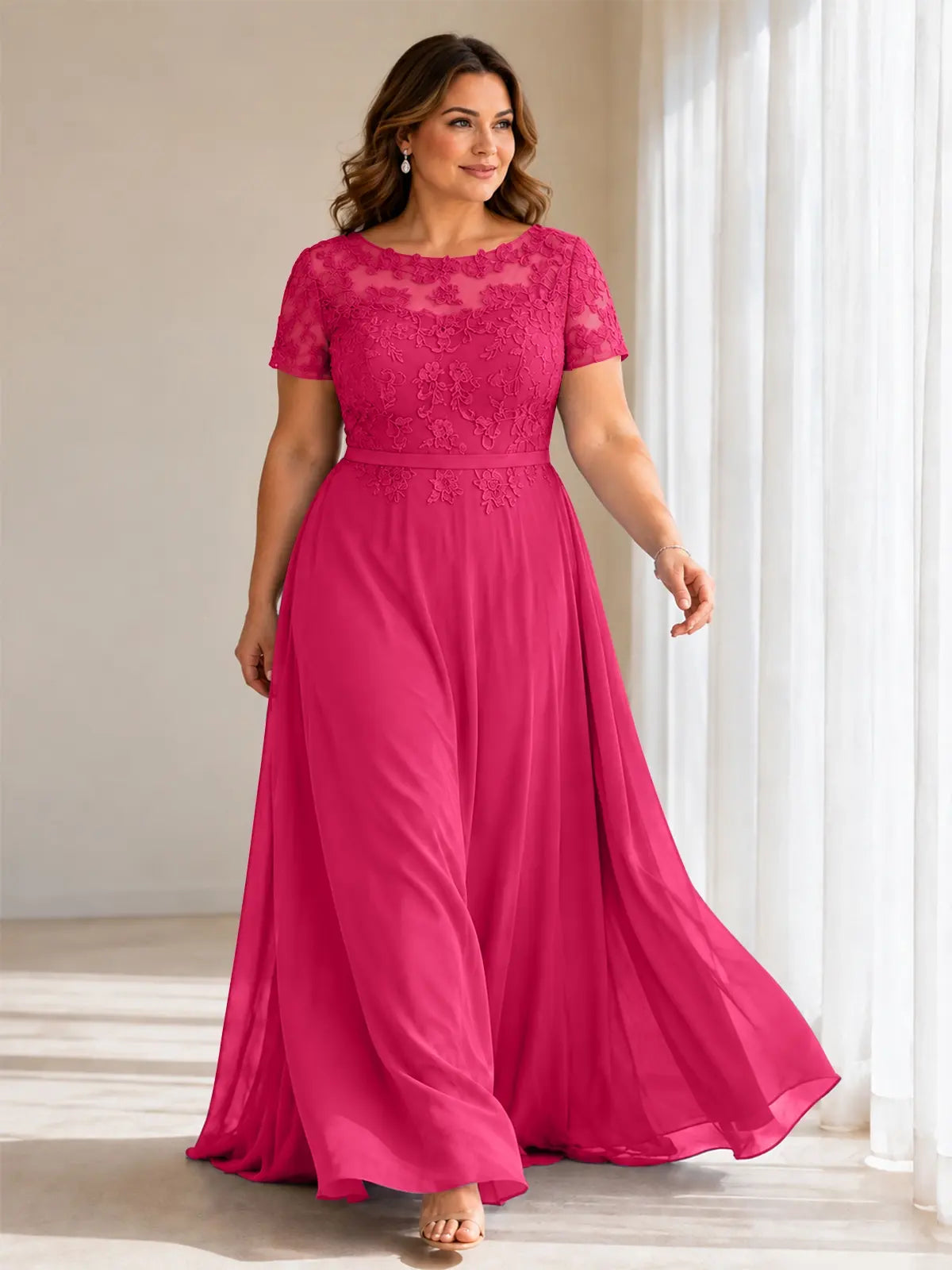 Illusion Applique Chiffon Dress-Plus Size 