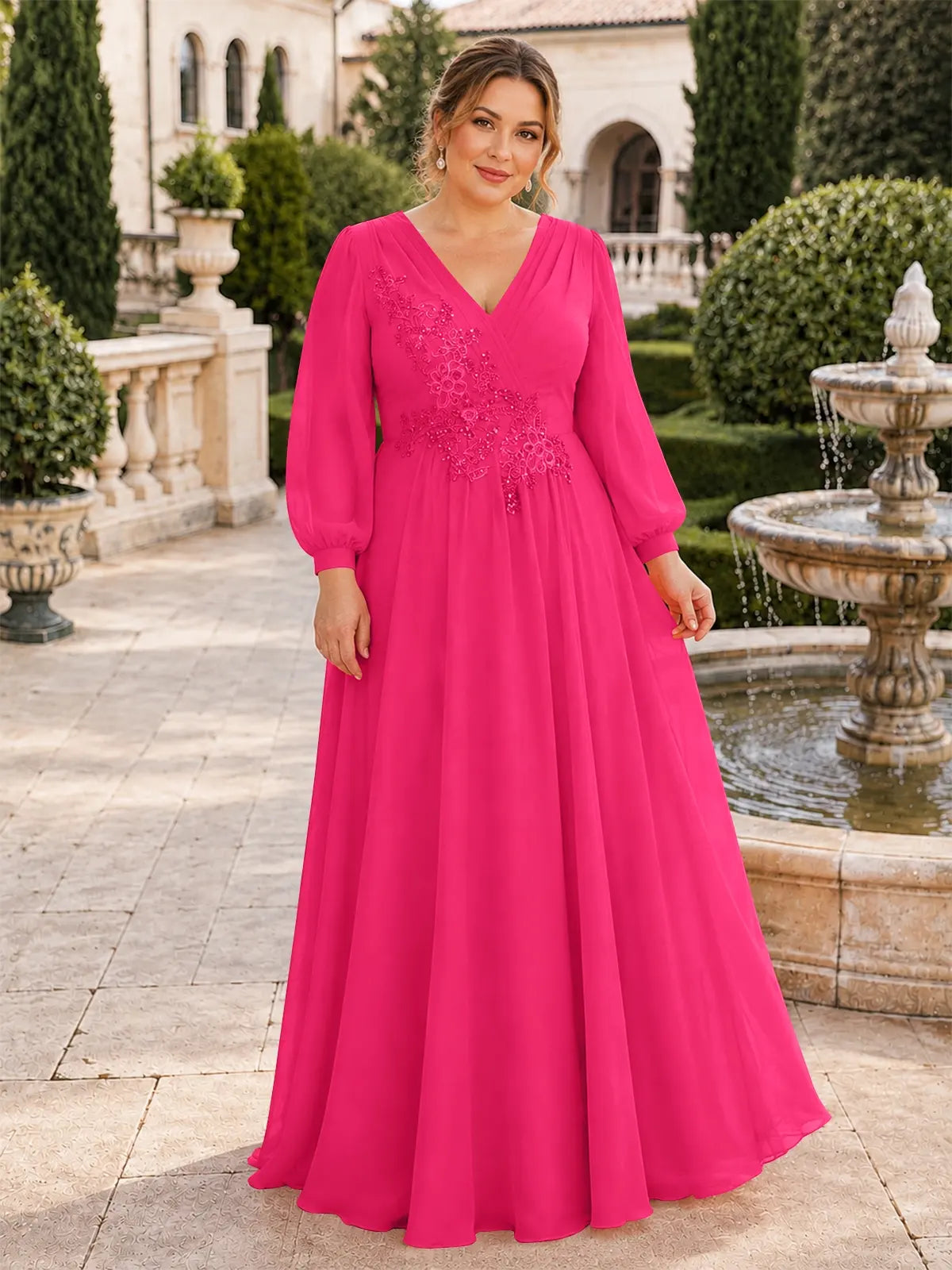 Long Sleeves Applique Chiffon Dress-Plus Size 