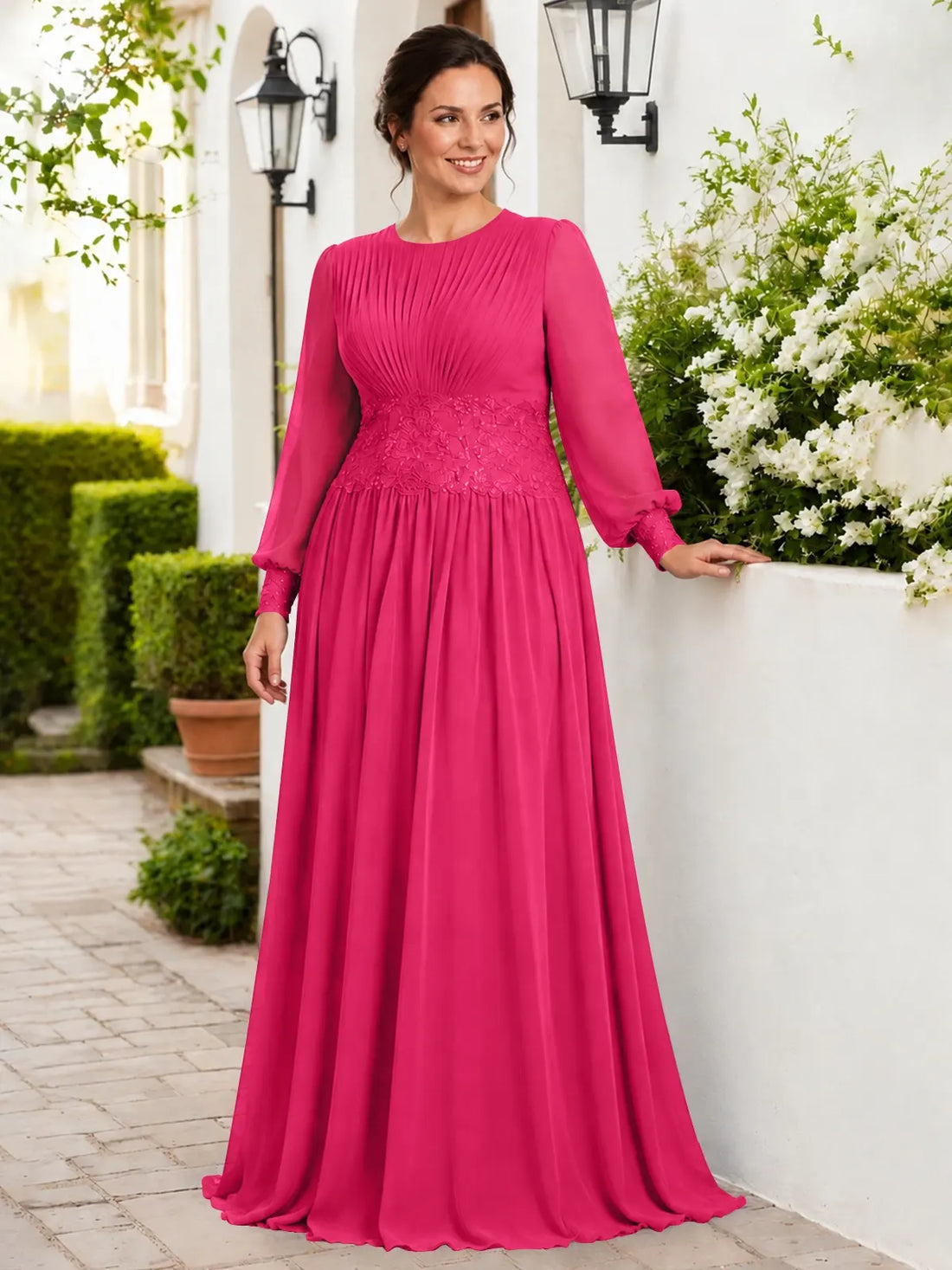 Chiffon Mother of the Bride Dress with Jewel Neckline-Plus Size 