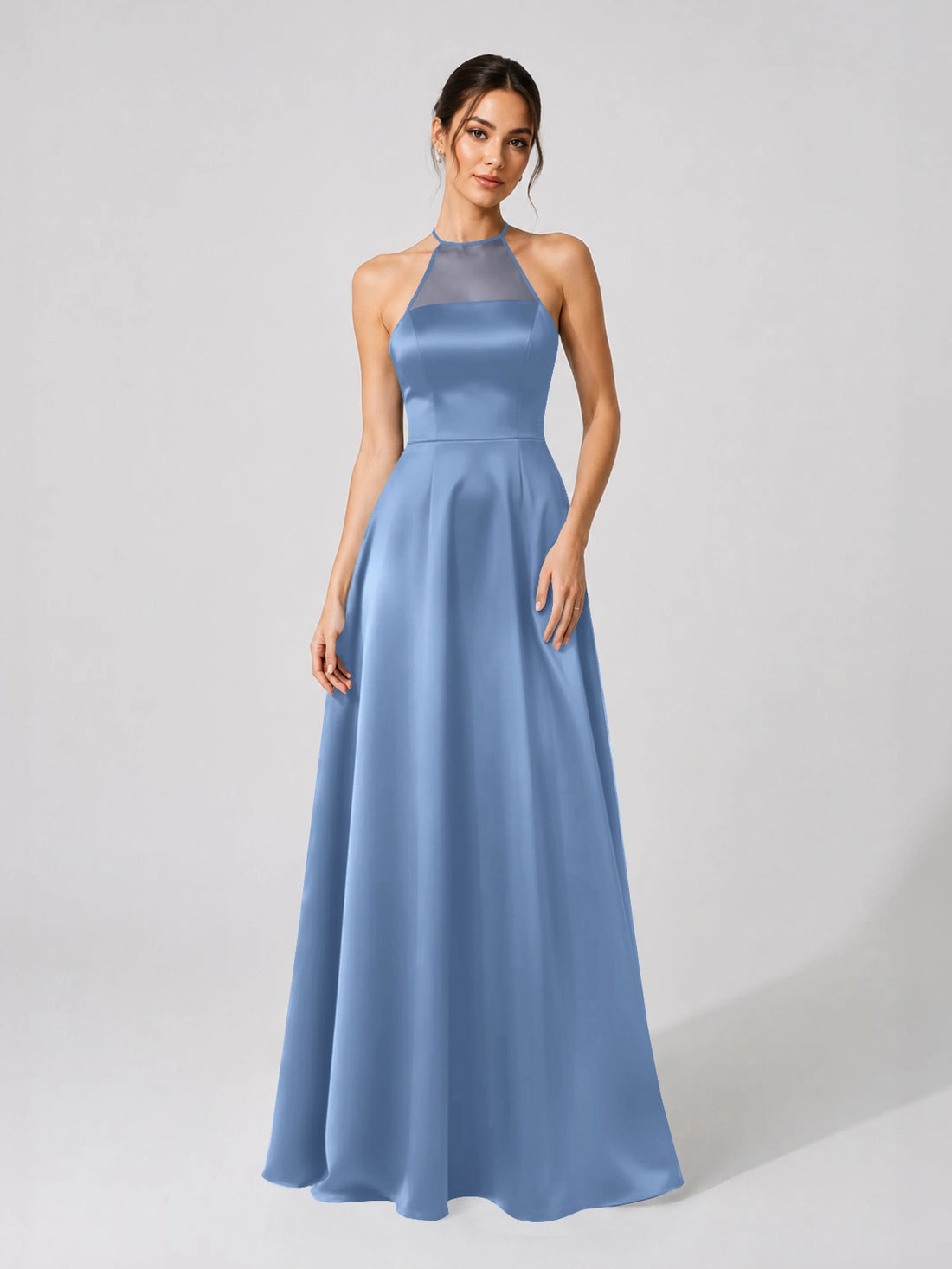 Satin Bridesmaid Dress with Illusion Halter Neck 
