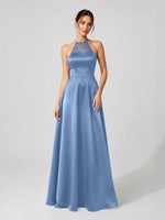 Satin Bridesmaid Dress with Illusion Halter Neck 