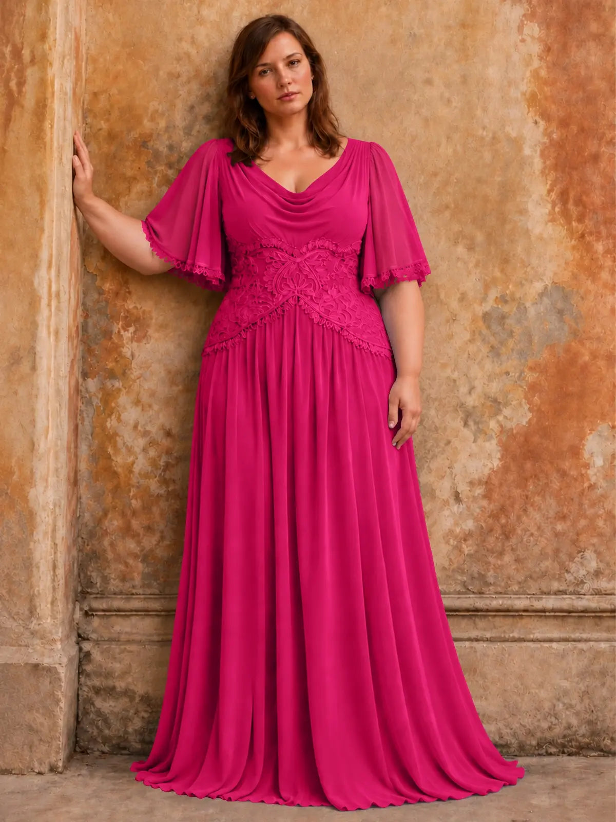 Cowl Neck Mother of the Bride Dress with Applique-Plus Size 