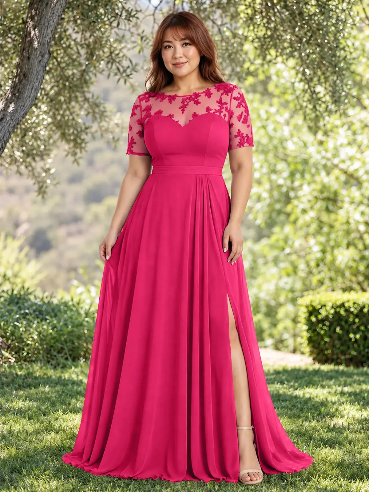 Lace Mother of the Bride Dress with Illusion Neckline-Plus Size 