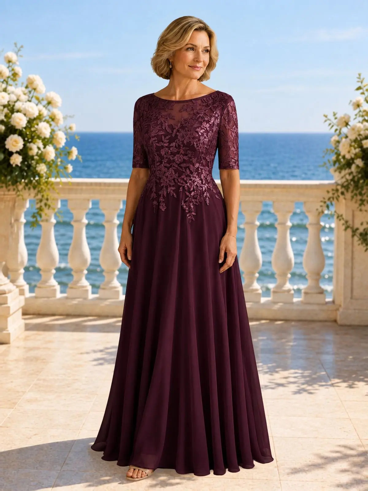 Applique Half Sleeves Chiffon Dress 