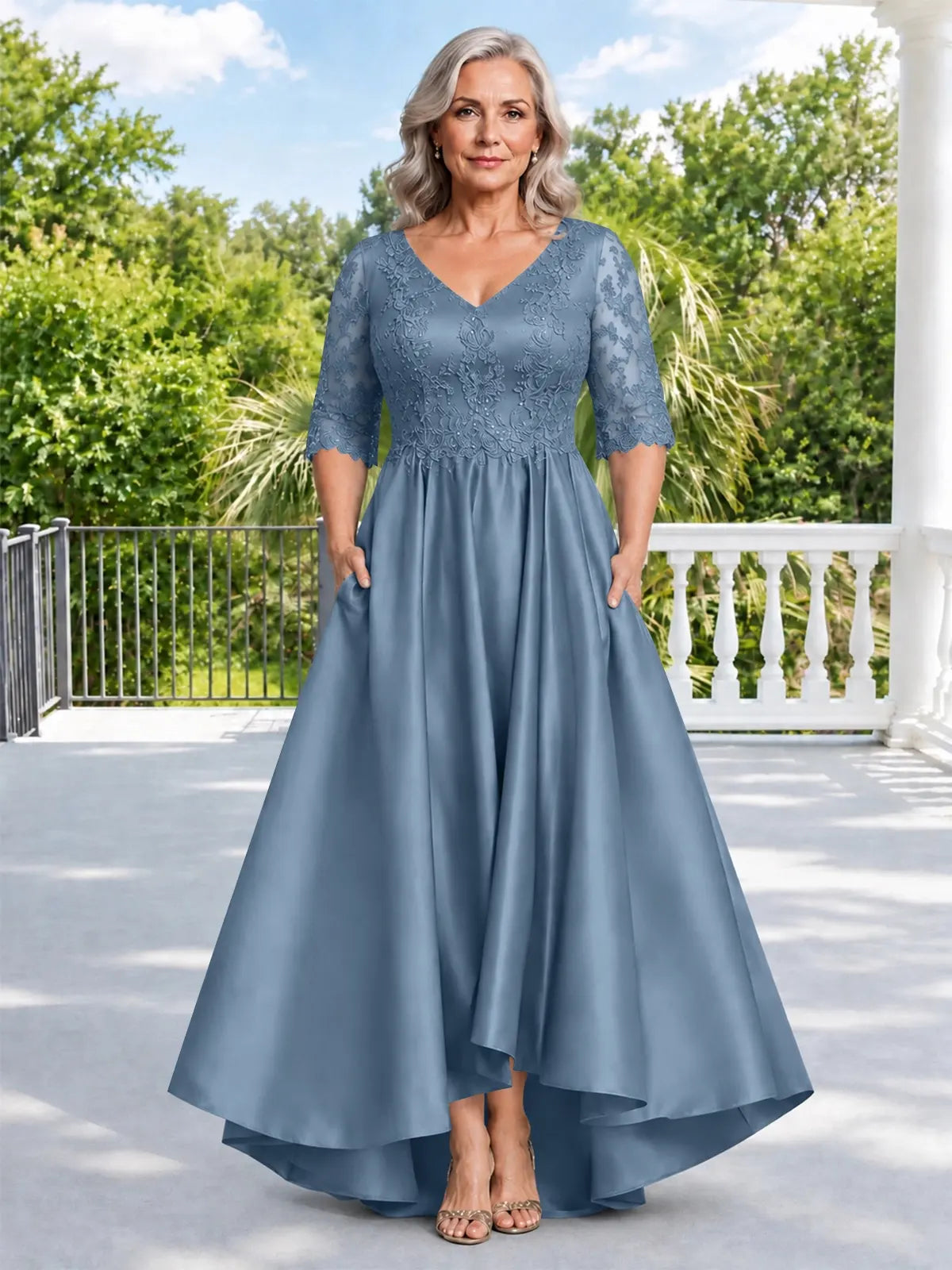 Satin Mother of the Bride Dress with Lace Sleeves-Plus Size 