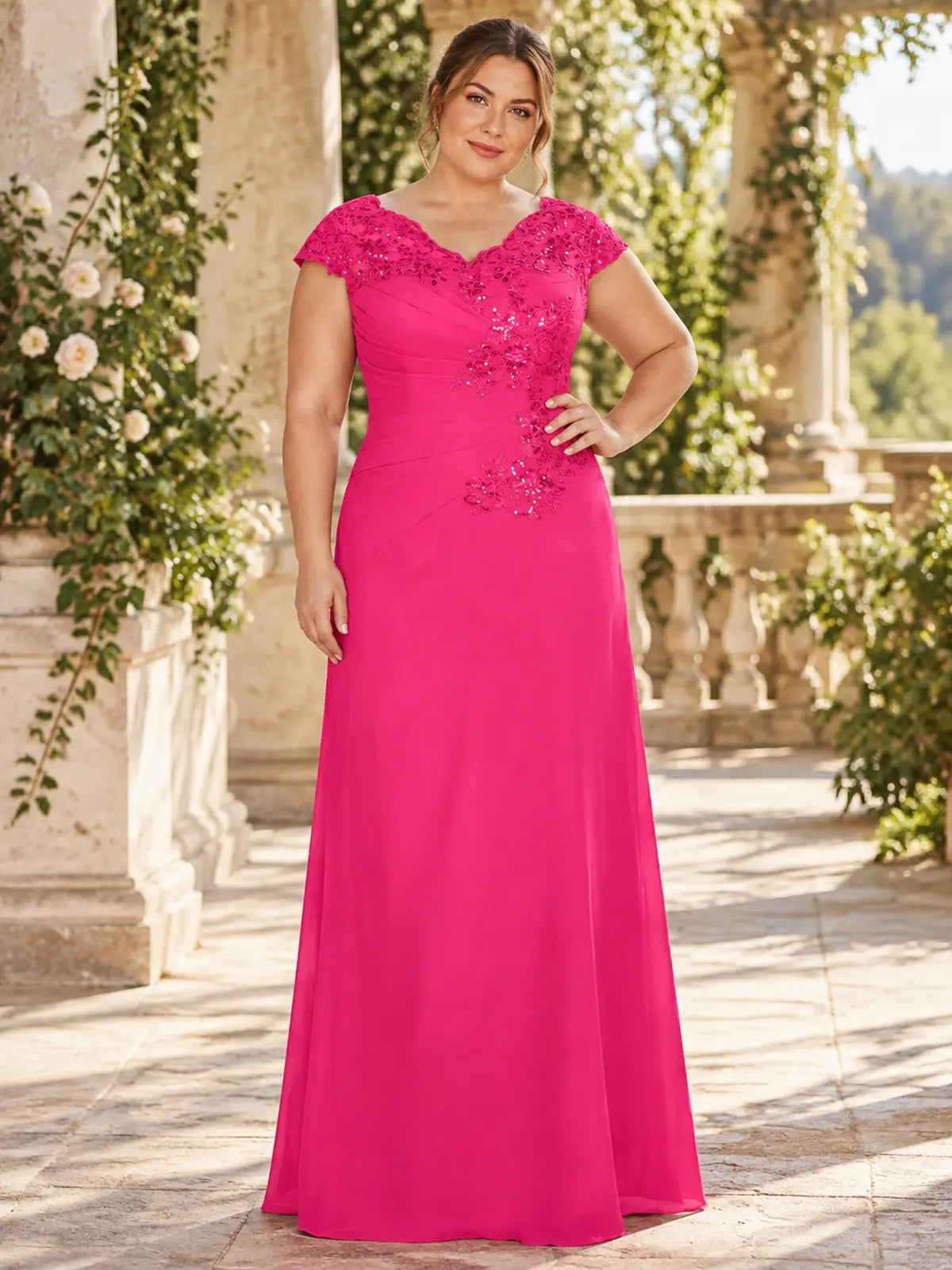 Sequin Applique Lace Shoulders Dress-Plus Size 