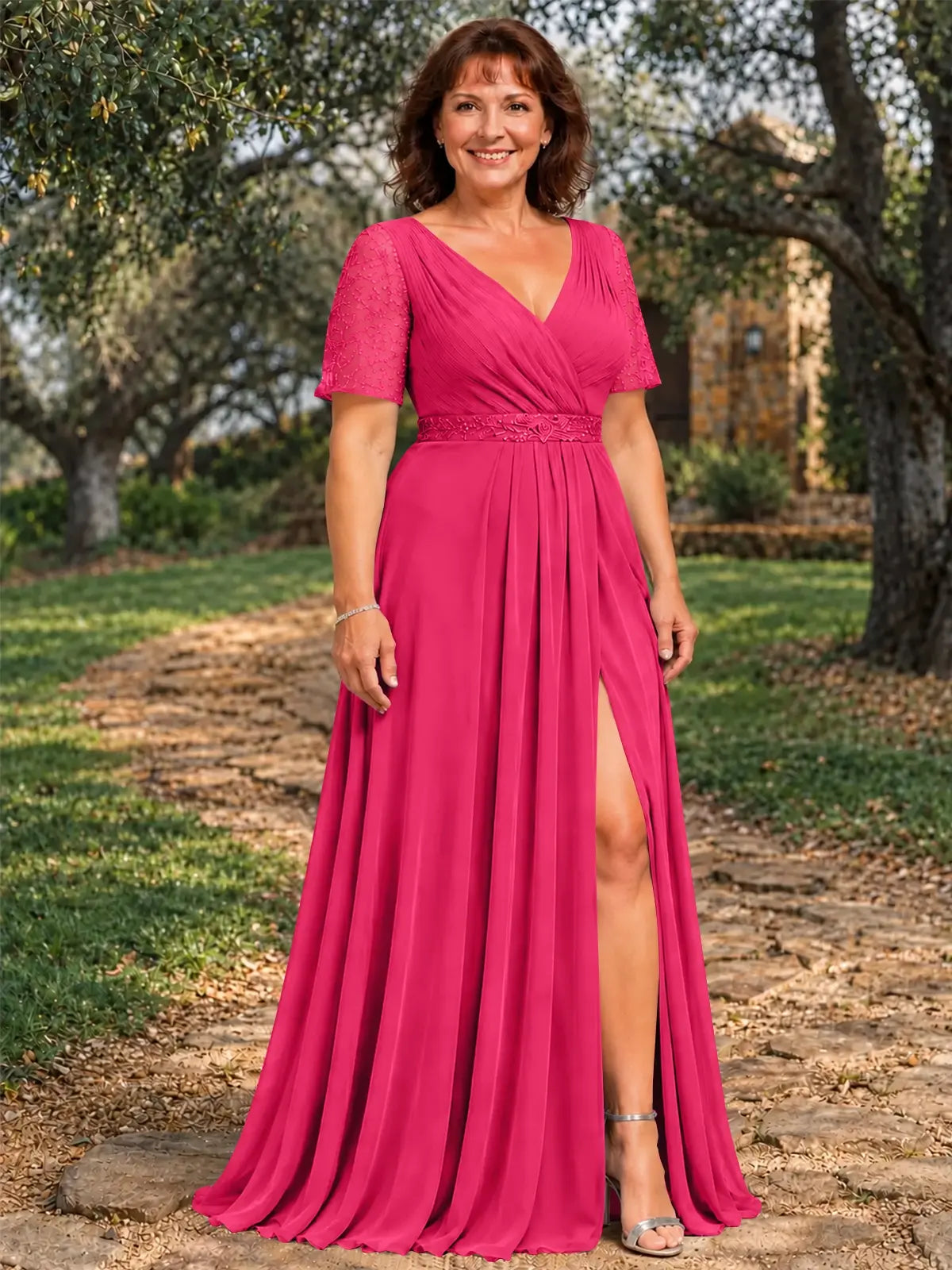 Surplice Neckline Mother of the Bride Dress with Slit-Plus Size 
