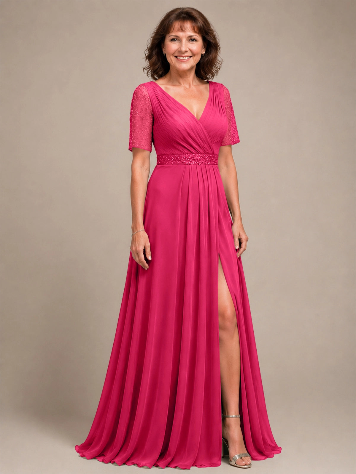 Surplice Neckline Mother of the Bride Dress with Slit 