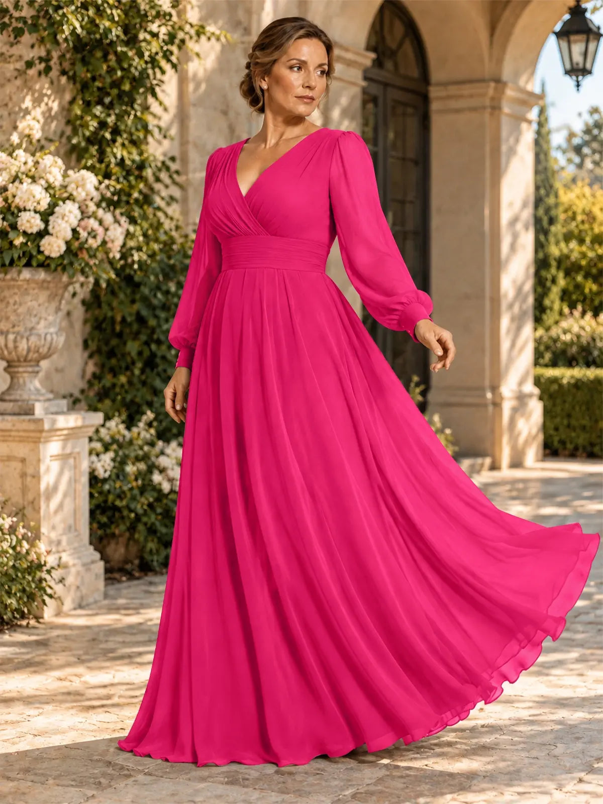 Chiffon Mother of the Bride Dress with Long Sleeves-Plus Size 