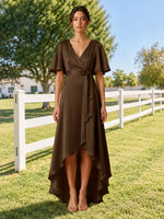 V-neck Bridesmaid Dress with Flutter Sleeves