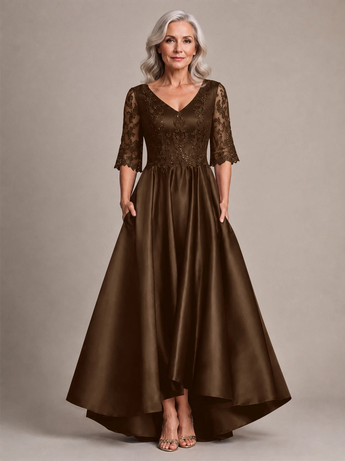 Satin Mother of the Bride Dress with Lace Sleeves 