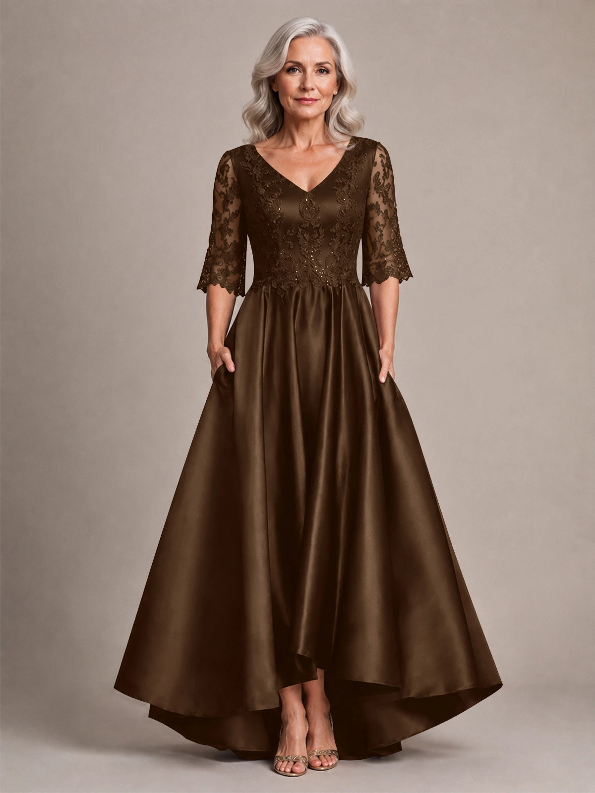 Satin Mother of the Bride Dress with Lace Sleeves 