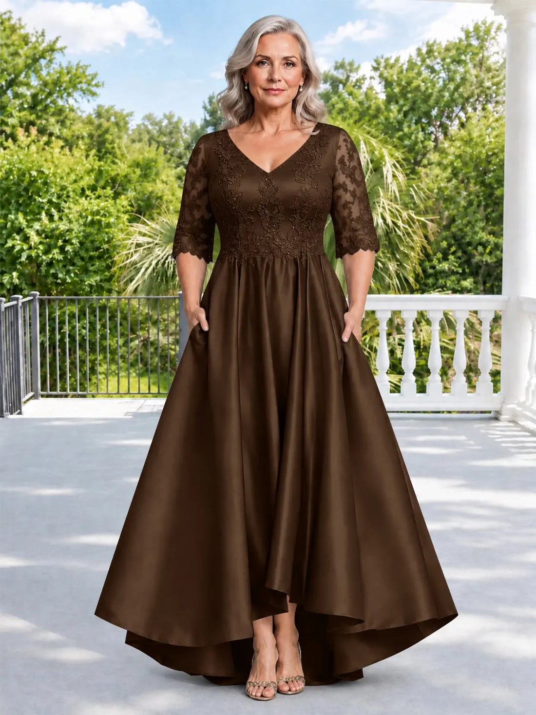 Satin Mother of the Bride Dress with Lace Sleeves-Plus Size 