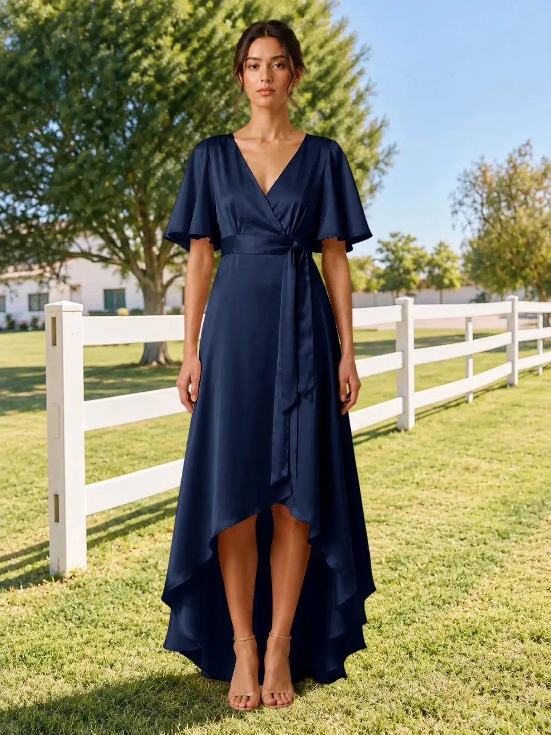V-neck Bridesmaid Dress with Flutter Sleeves