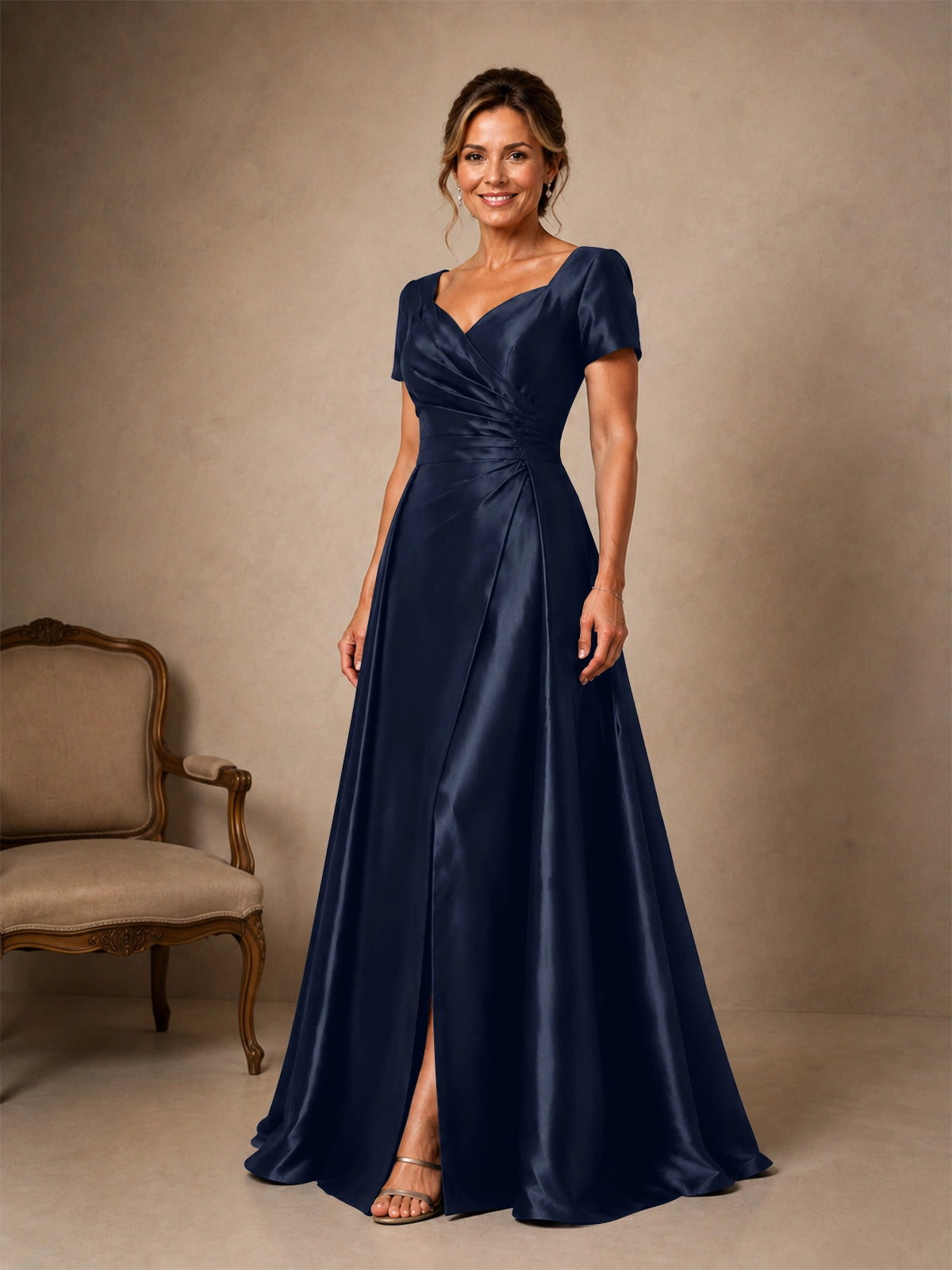 Silk-like Prom Dress with Short Sleeves 