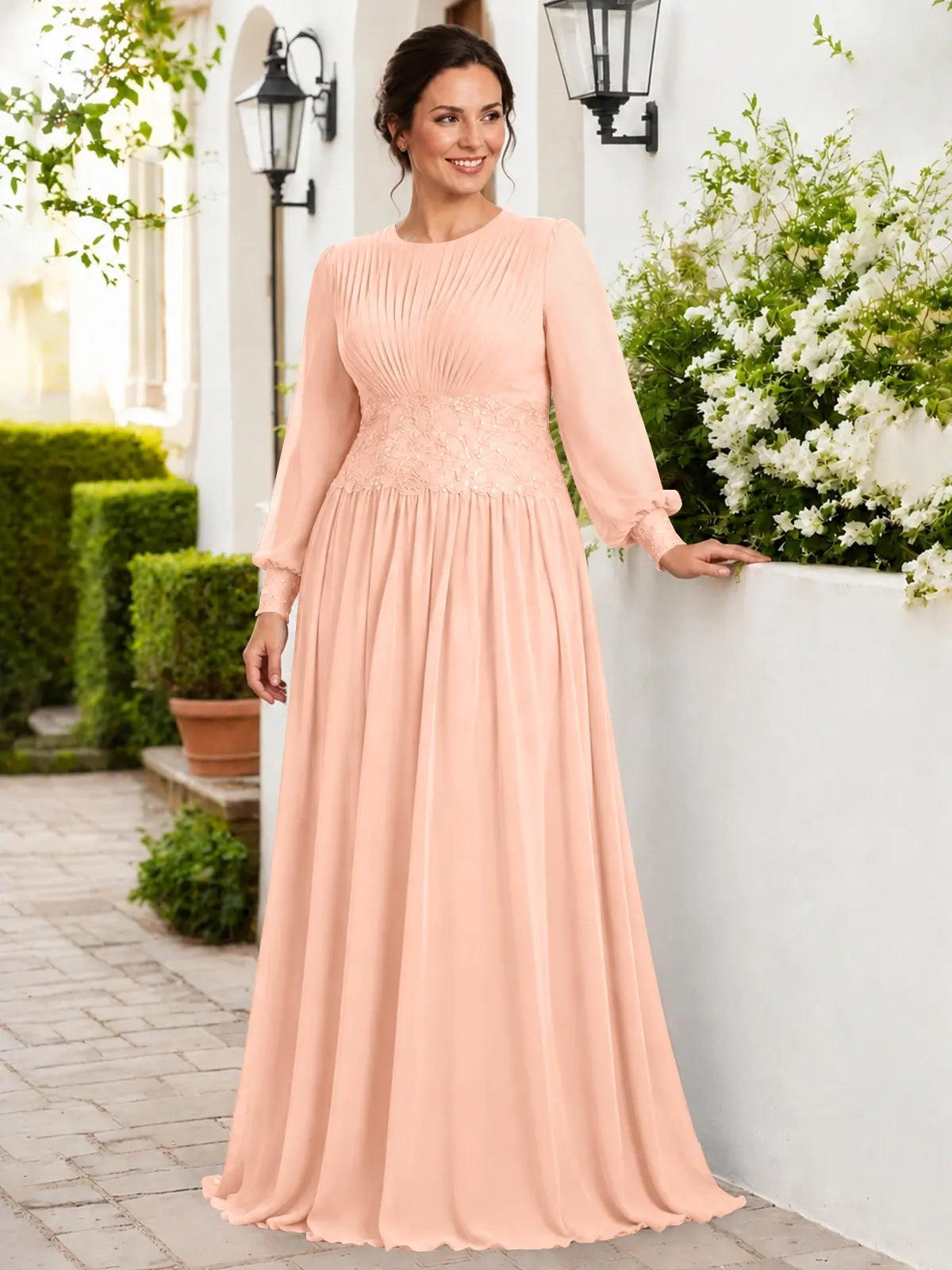 Chiffon Mother of the Bride Dress with Jewel Neckline-Plus Size 
