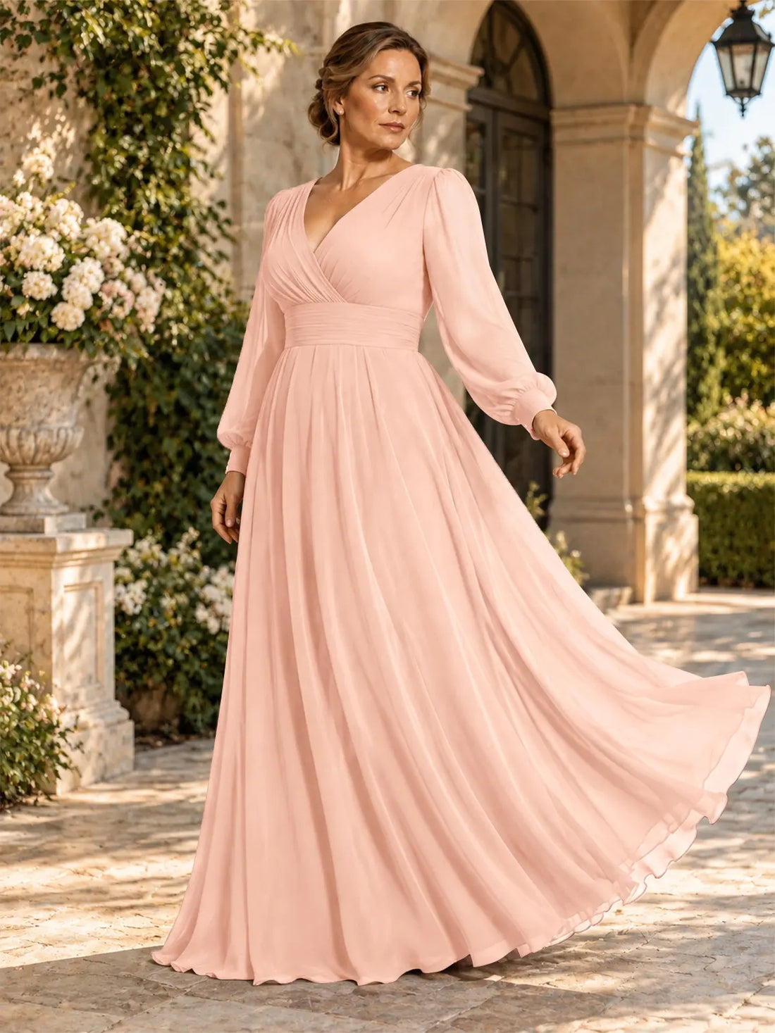 Chiffon Mother of the Bride Dress with Long Sleeves-Plus Size 