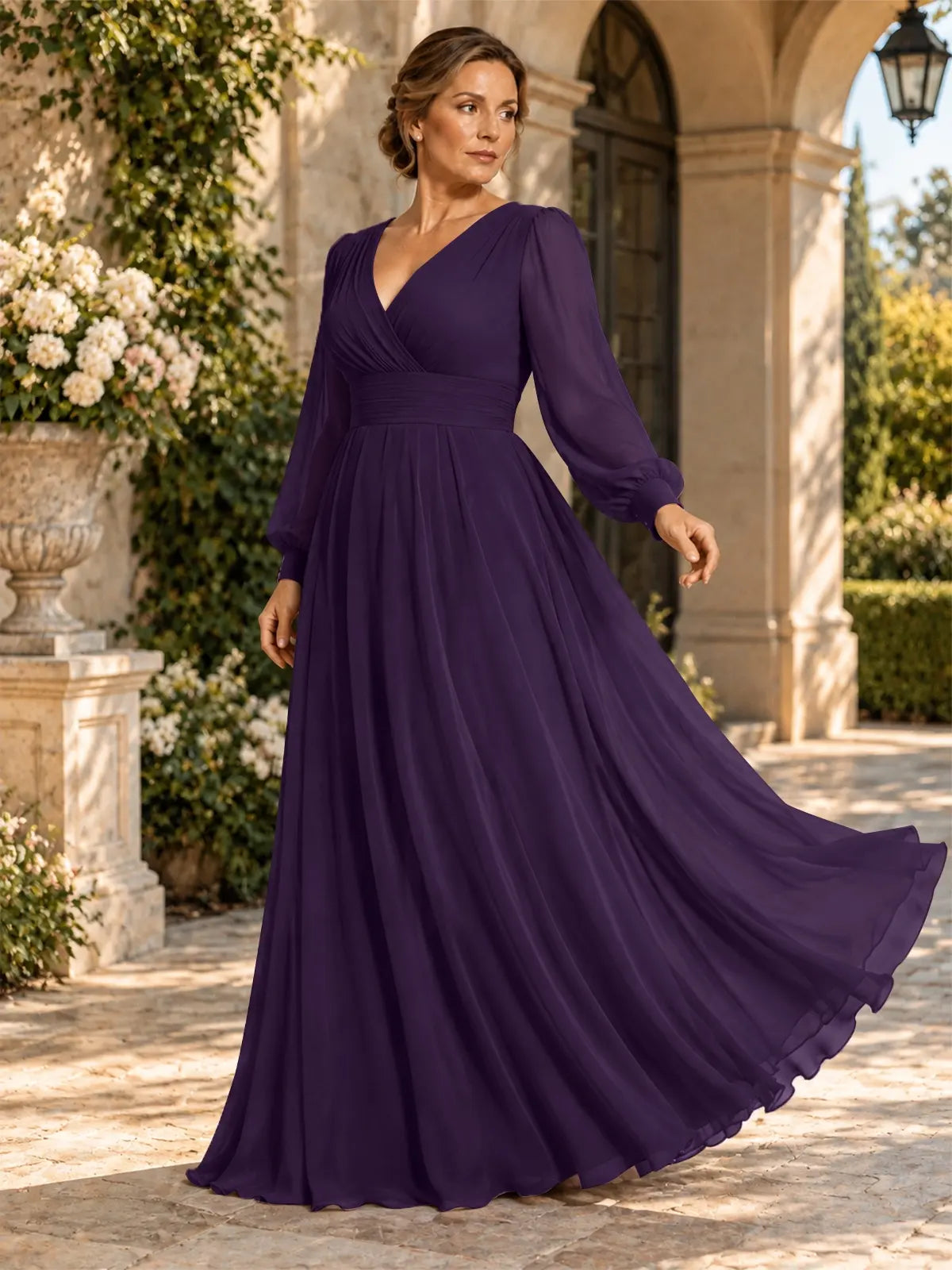 Chiffon Mother of the Bride Dress with Long Sleeves-Plus Size 