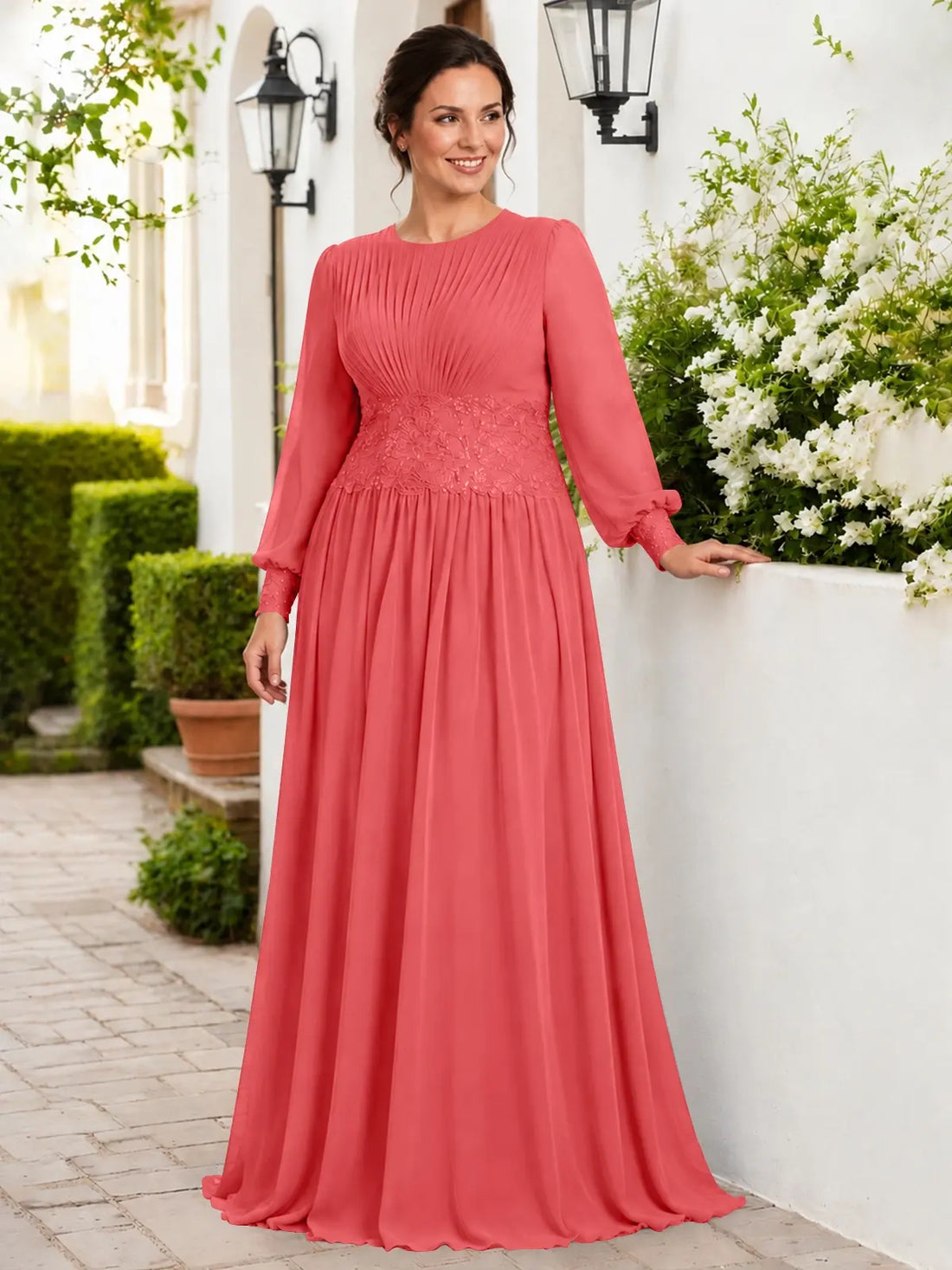 Chiffon Mother of the Bride Dress with Jewel Neckline-Plus Size 