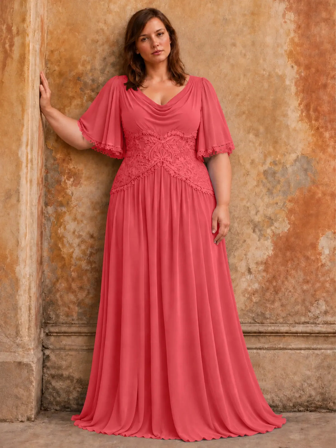 Cowl Neck Mother of the Bride Dress with Applique-Plus Size 