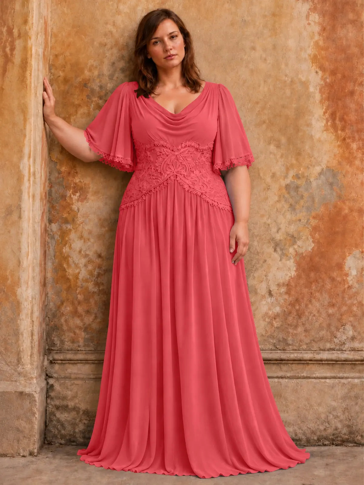 Cowl Neck Mother of the Bride Dress with Applique-Plus Size 