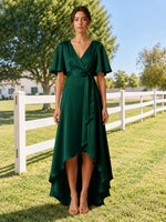 V-neck Bridesmaid Dress with Flutter Sleeves