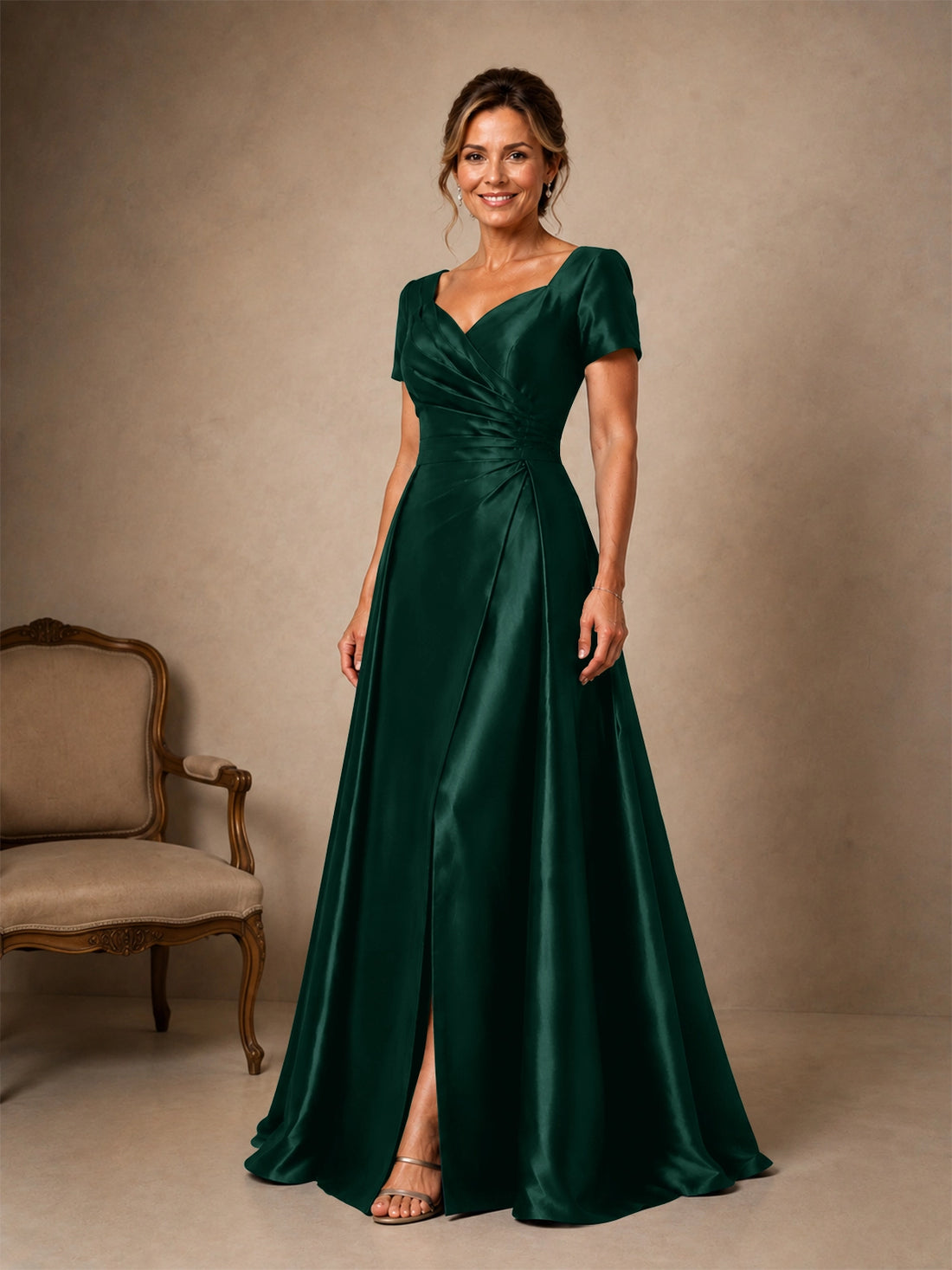 Silk-like Prom Dress with Short Sleeves 