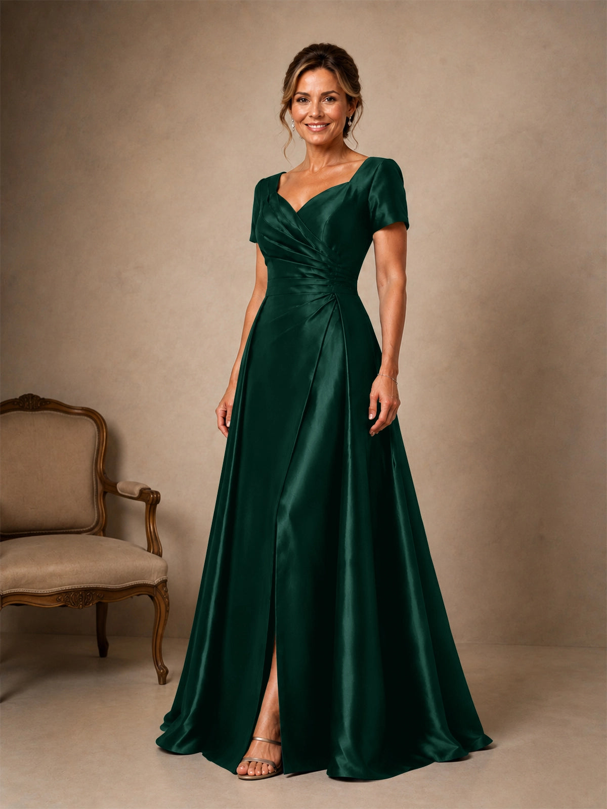Silk-like Prom Dress with Short Sleeves 