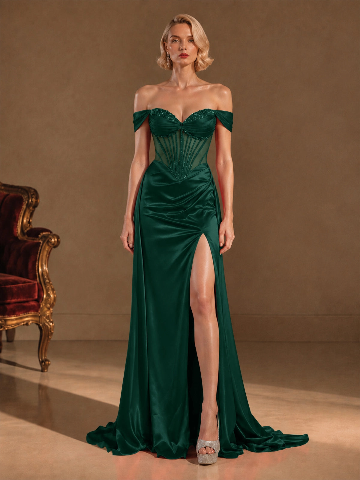 Silk-like Prom Dress with Crystal Detailing 