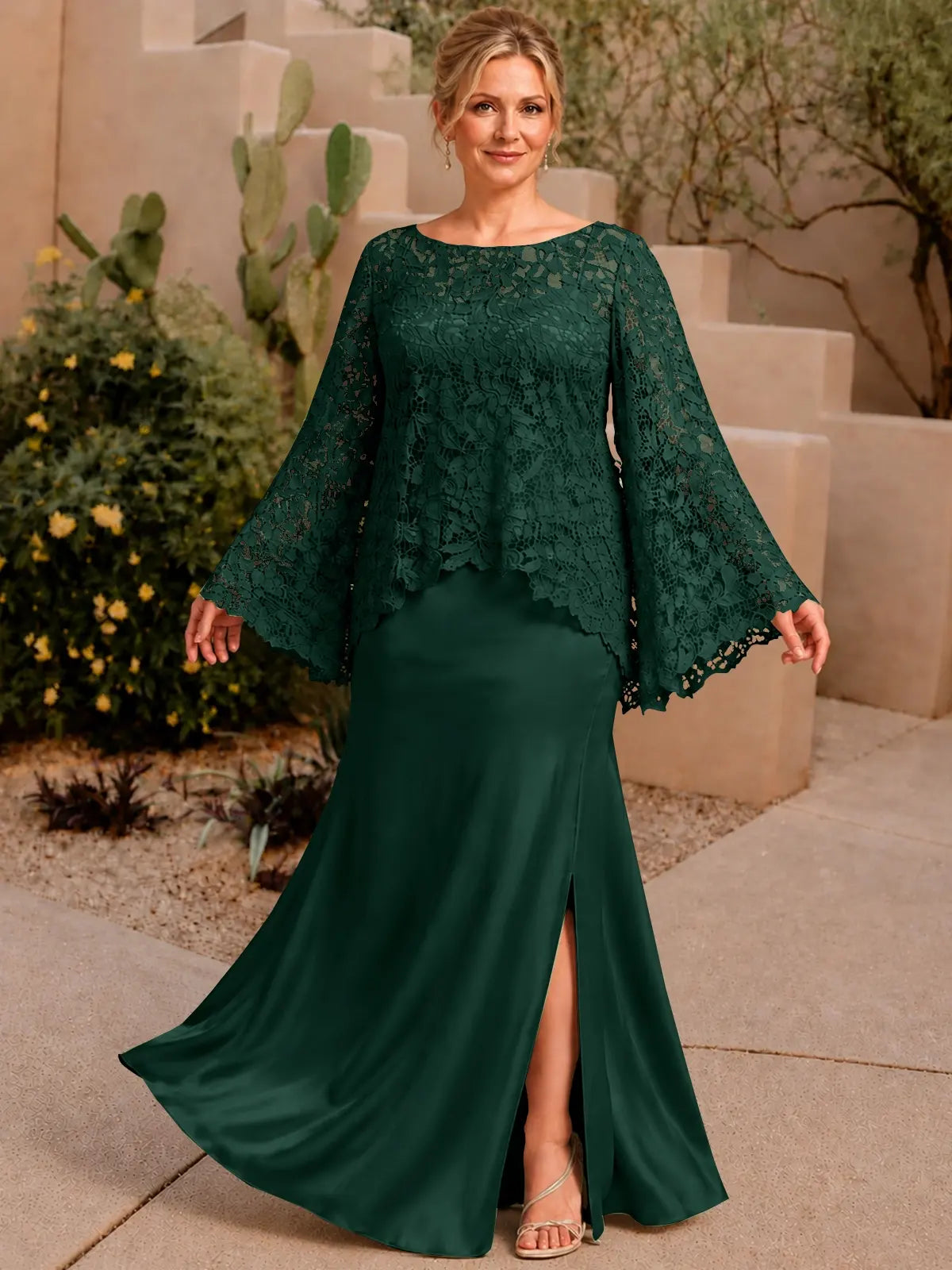 Two-piece Mother of the Bride Dress with Lace Top-Plus Size 
