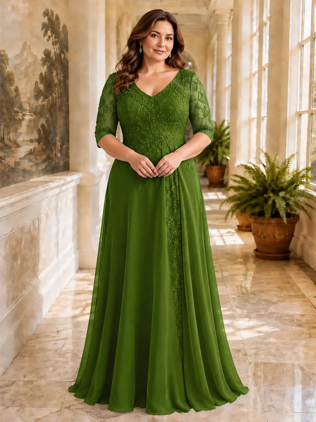 Applique V-Neck Chiffon Dress-Plus Size 