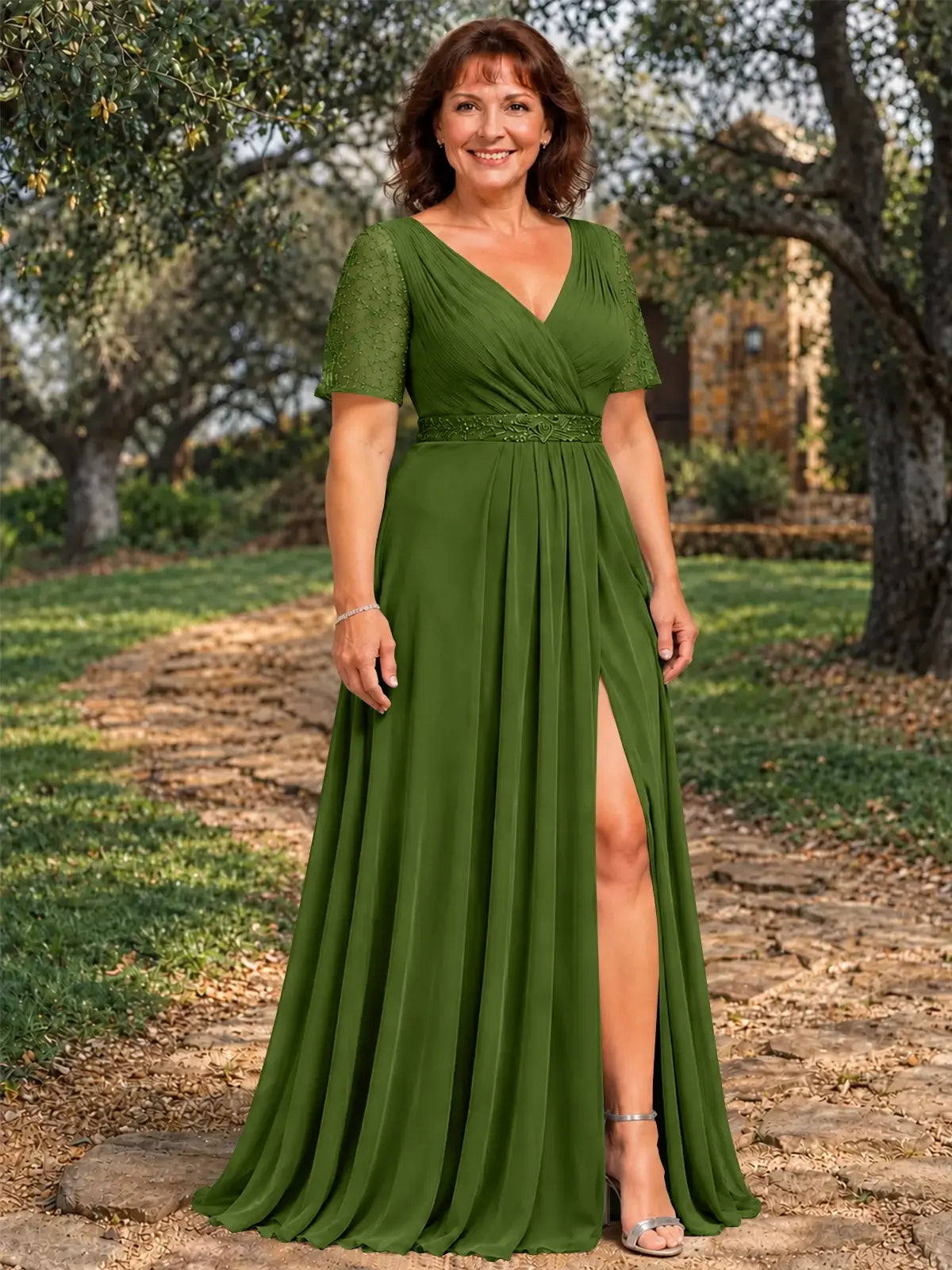Surplice Neckline Mother of the Bride Dress with Slit-Plus Size 
