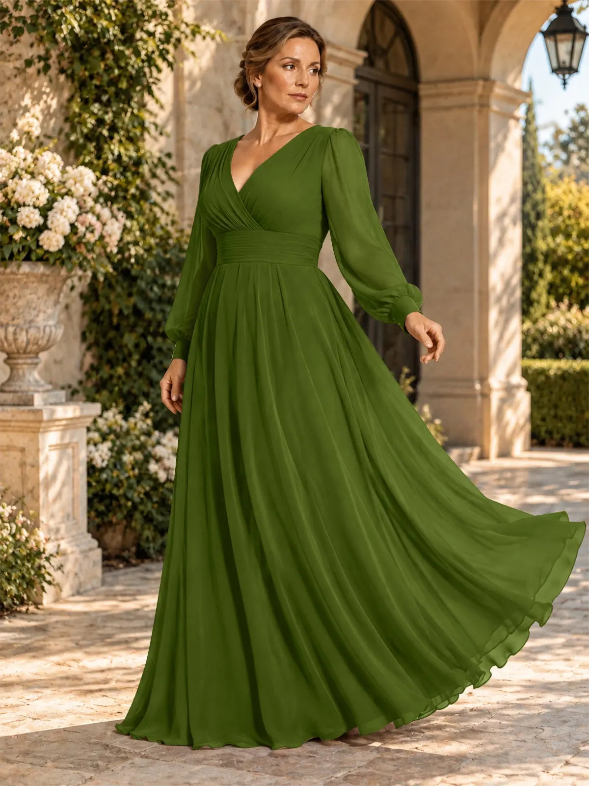 Chiffon Mother of the Bride Dress with Long Sleeves-Plus Size 