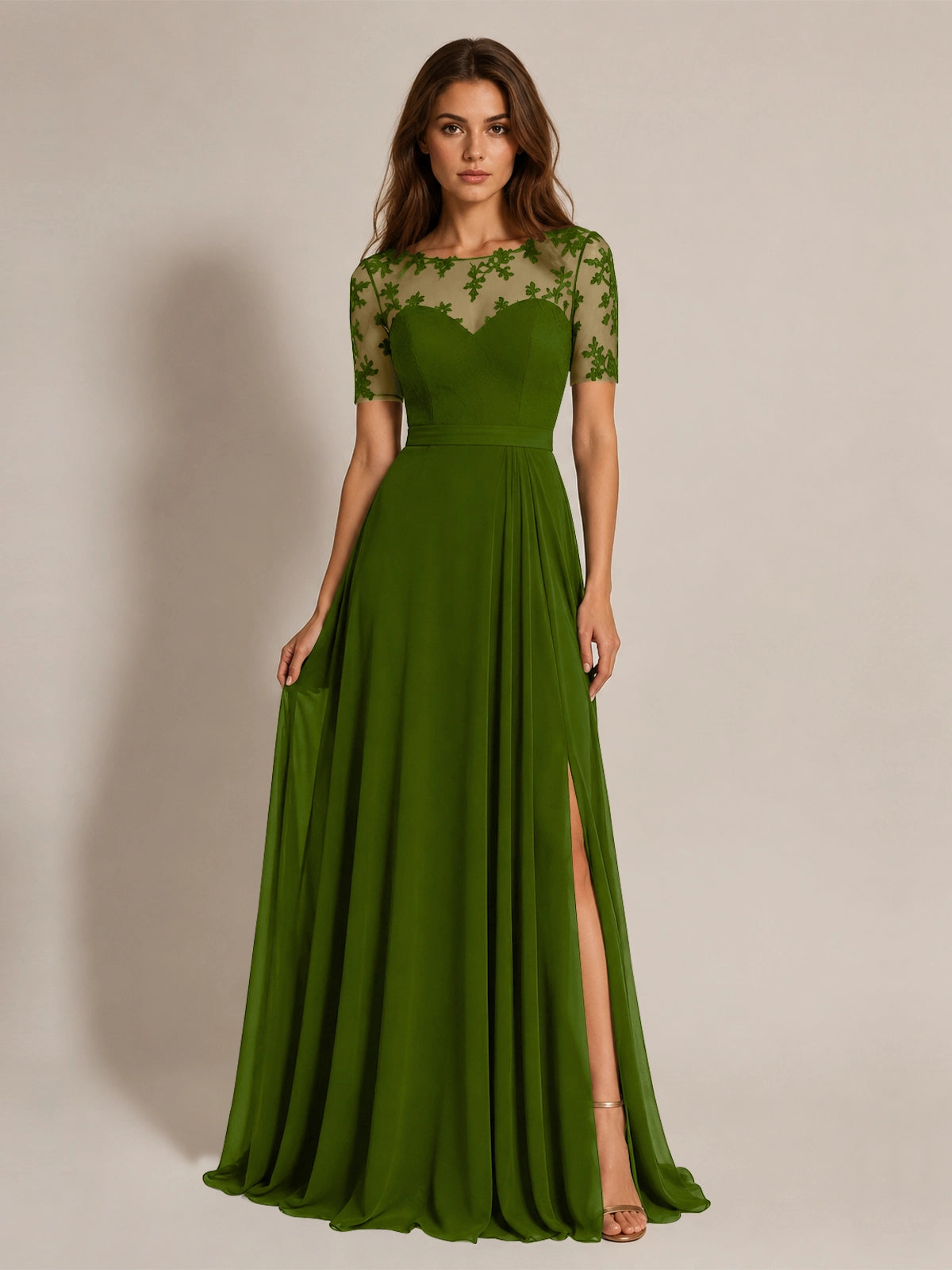 Lace Mother of the Bride Dress with Illusion Neckline 