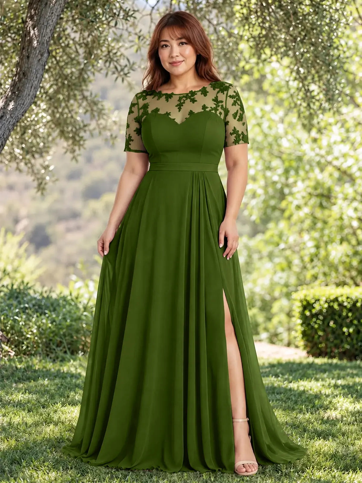 Lace Mother of the Bride Dress with Illusion Neckline-Plus Size 