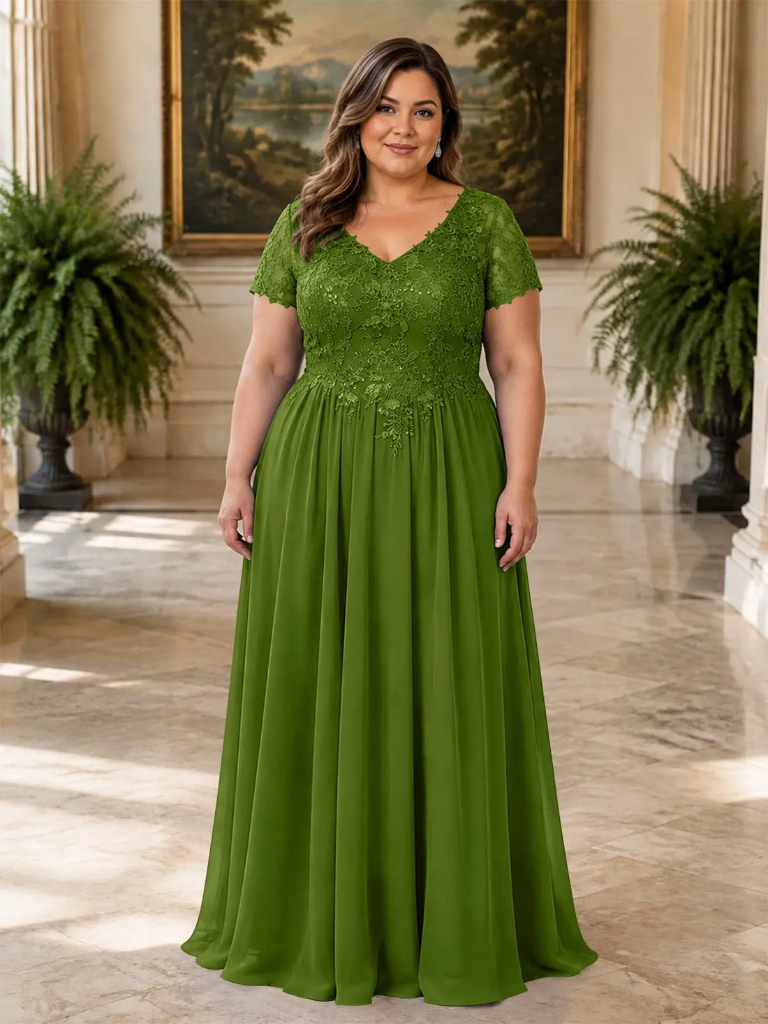 Short Sleeves Chiffon Dress-Plus Size 