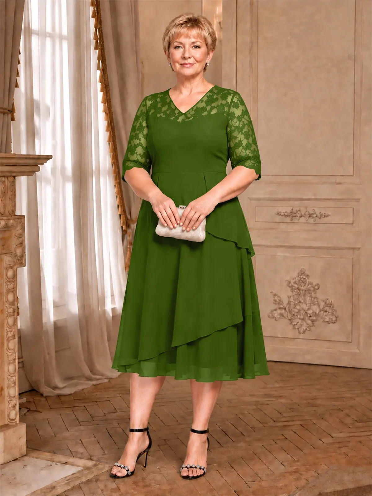 A-line Mother of the Bride Dress with Lace Sleeves-Plus Size 