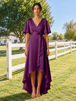 V-neck Bridesmaid Dress with Flutter Sleeves