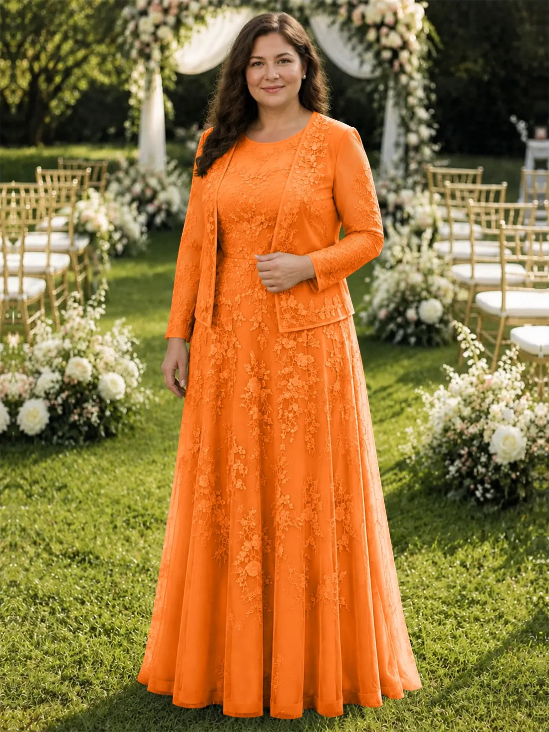 Two-Piece Lace Mother of the Bride Dress with Long Sleeves-Plus Size 