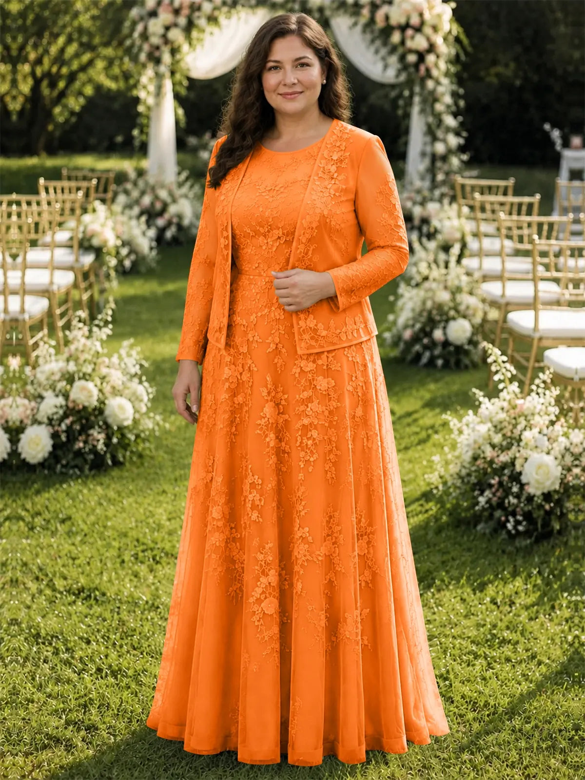 Two-Piece Lace Mother of the Bride Dress with Long Sleeves-Plus Size 