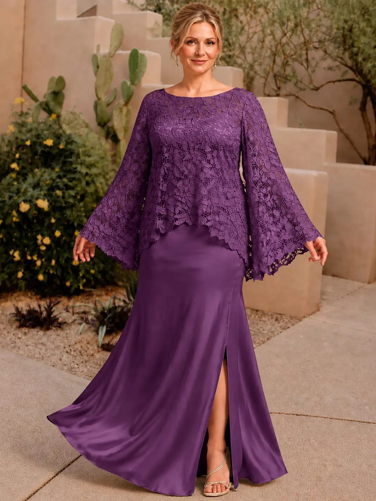 Two-piece Mother of the Bride Dress with Lace Top-Plus Size 