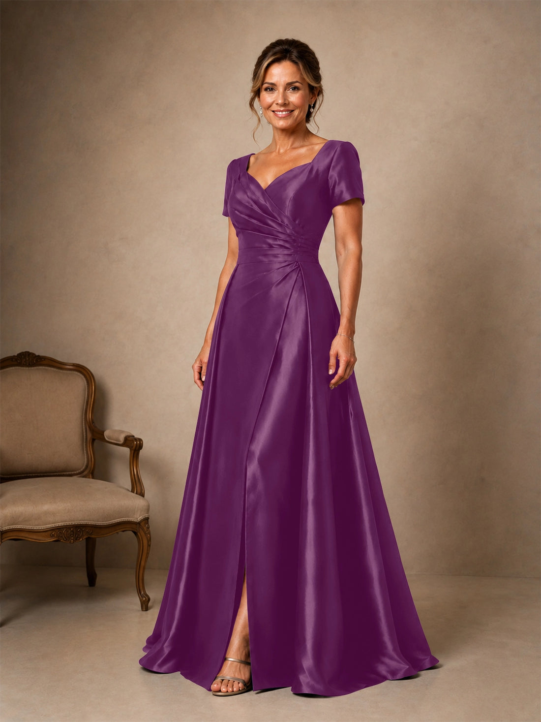 Silk-like Prom Dress with Short Sleeves 