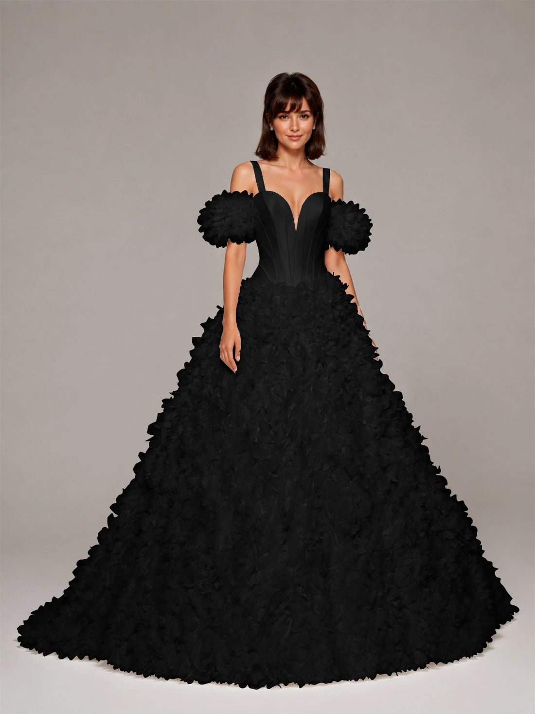 3D Floral Wedding Dress with Off-the-Shoulder Sleeves 