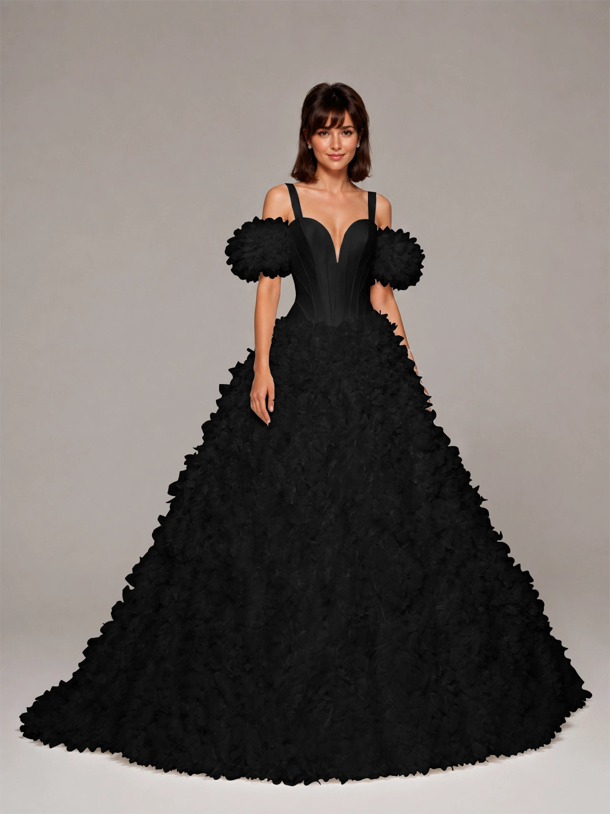 3D Floral Wedding Dress with Off-the-Shoulder Sleeves 