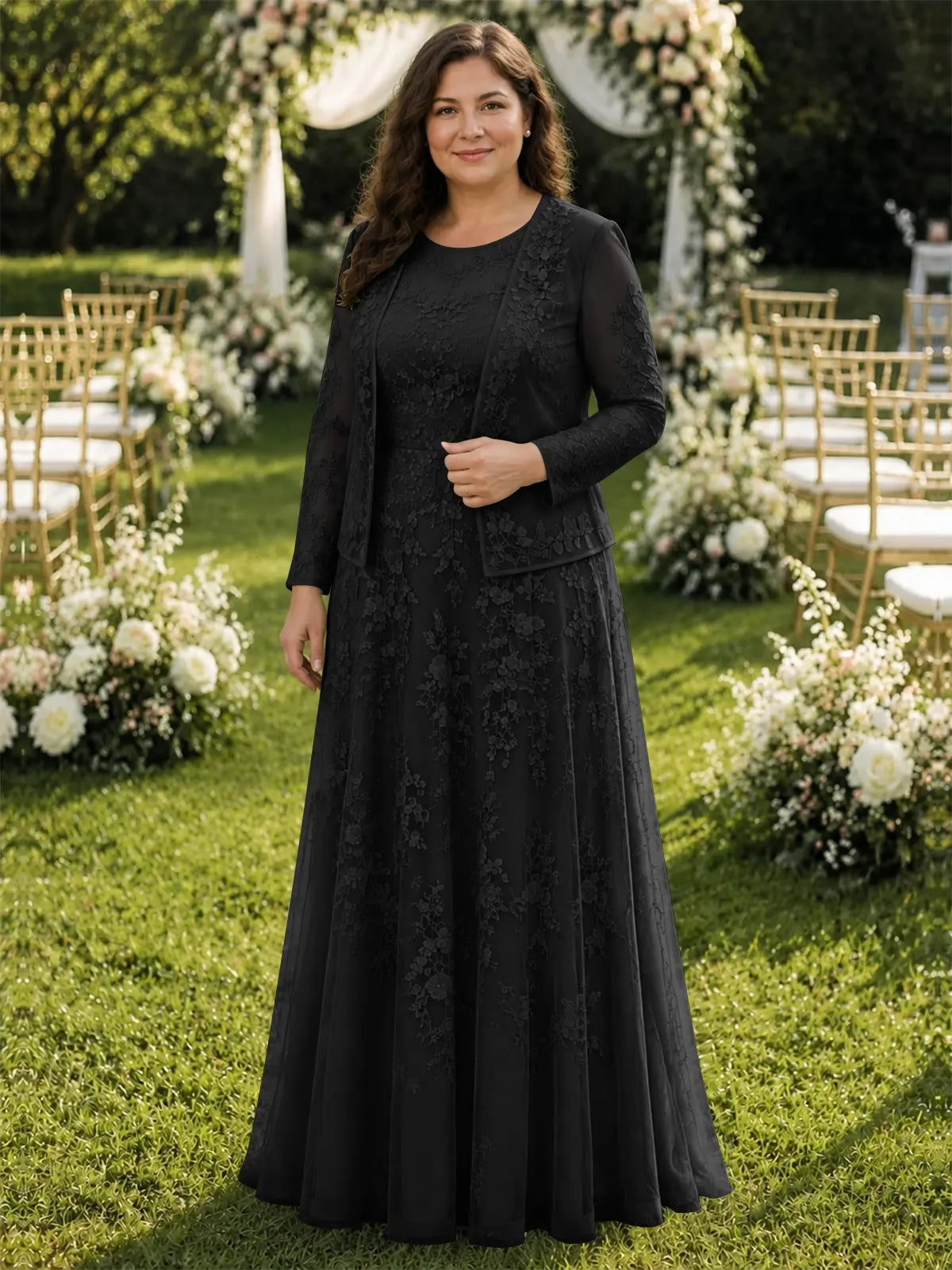 Two-Piece Lace Mother of the Bride Dress with Long Sleeves-Plus Size 