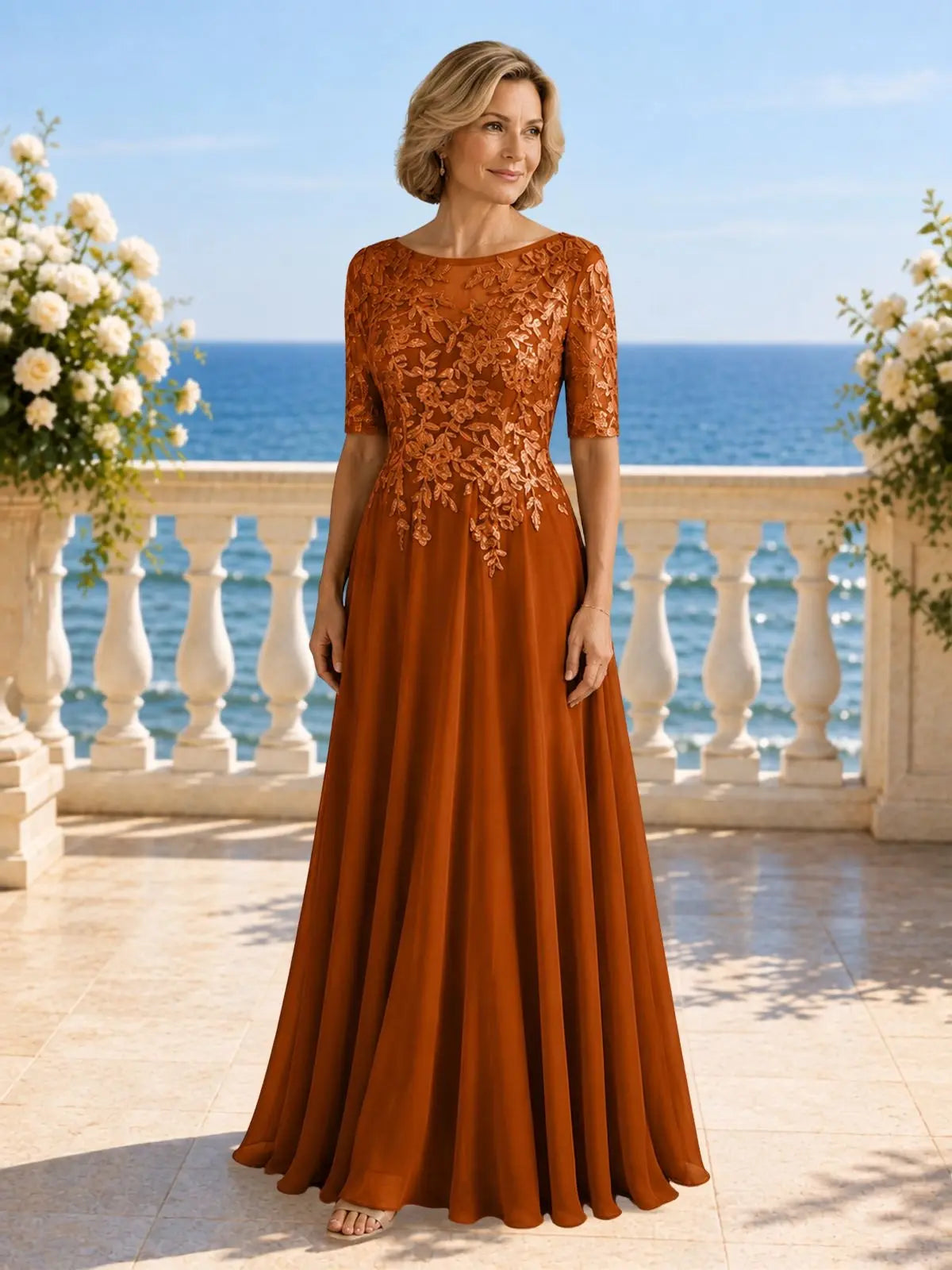 Applique Half Sleeves Chiffon Dress 