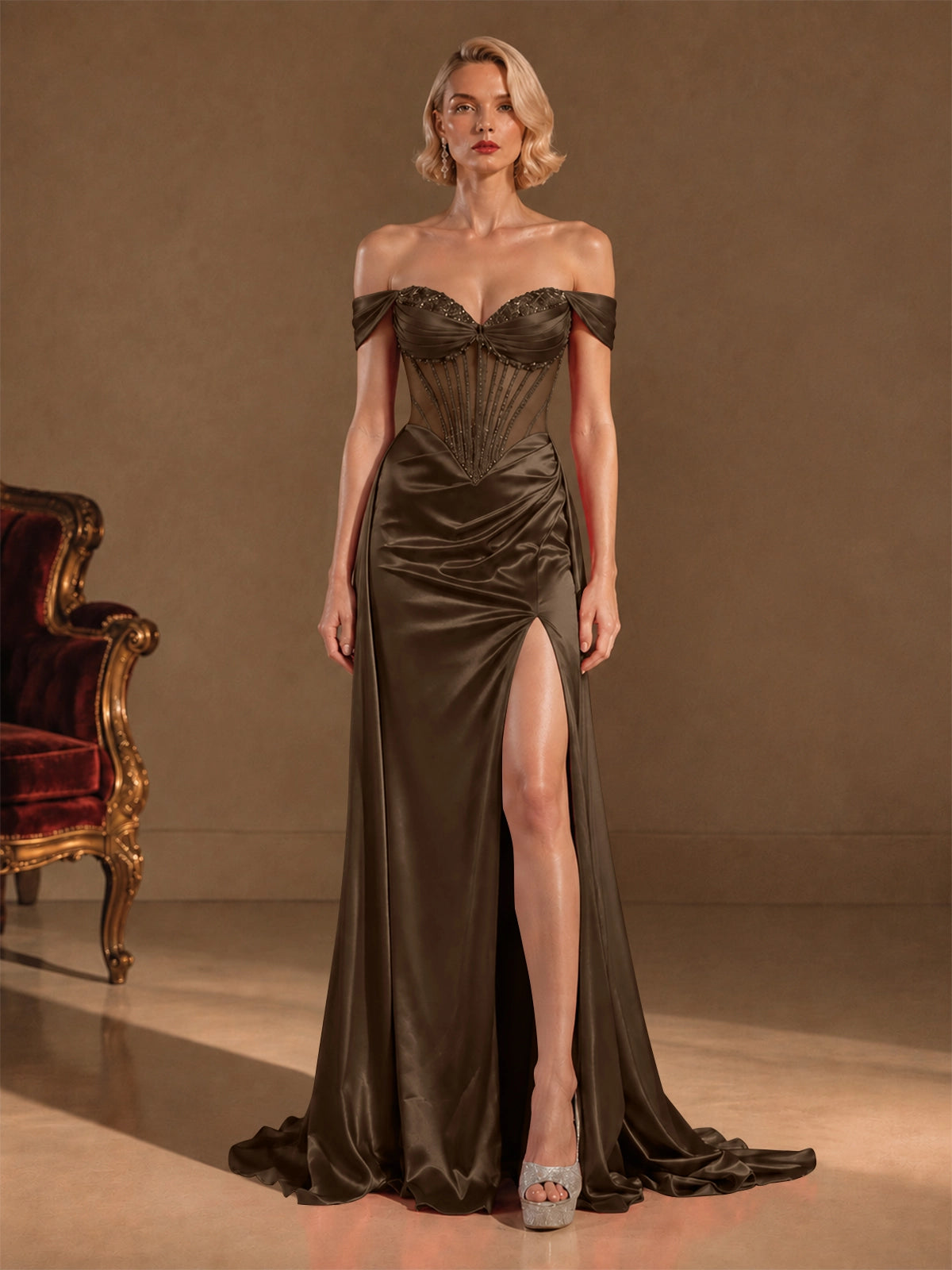 Silk-like Prom Dress with Crystal Detailing 