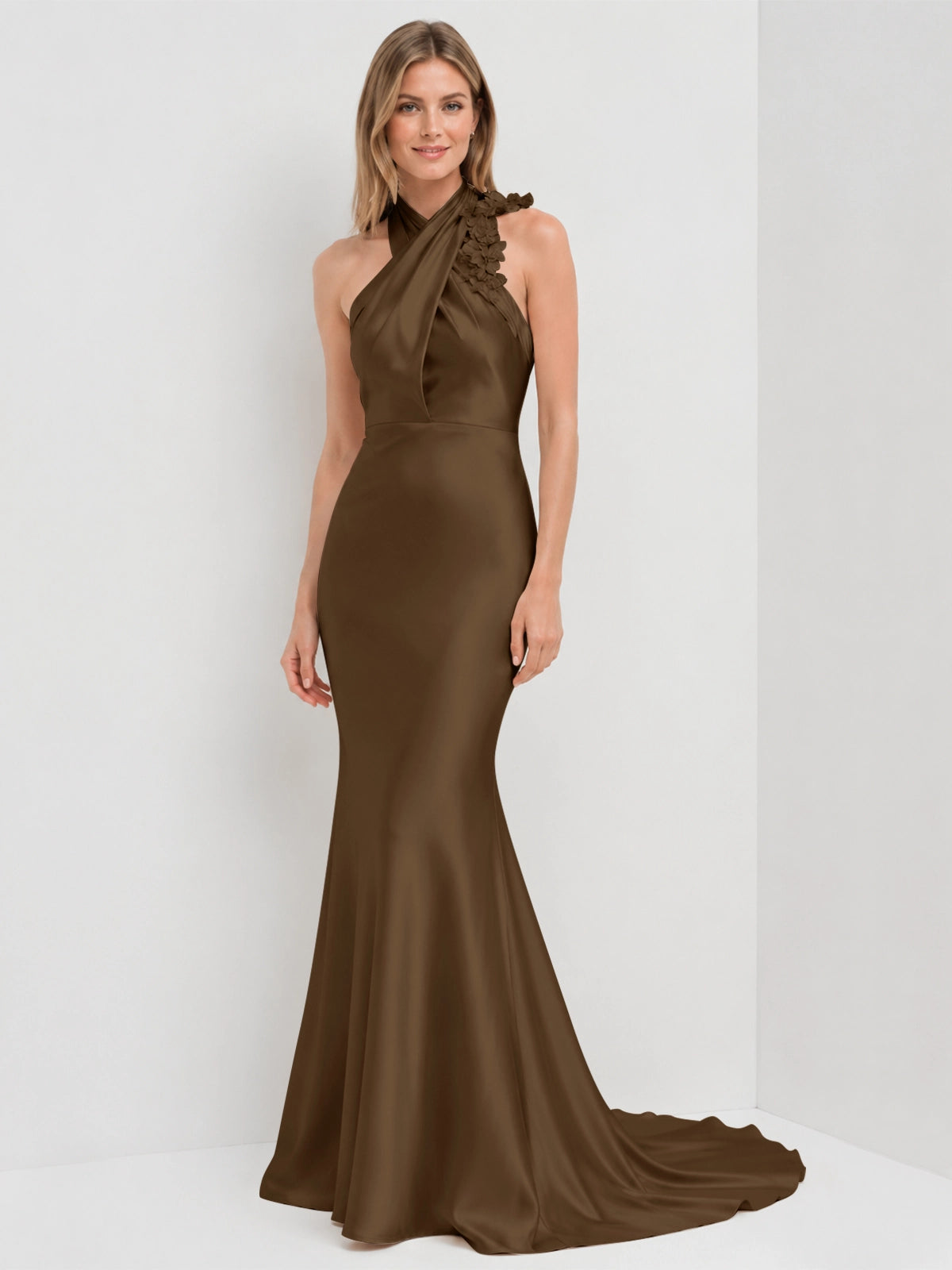 Silk-like Bridesmaid Dress with 3D Floral 