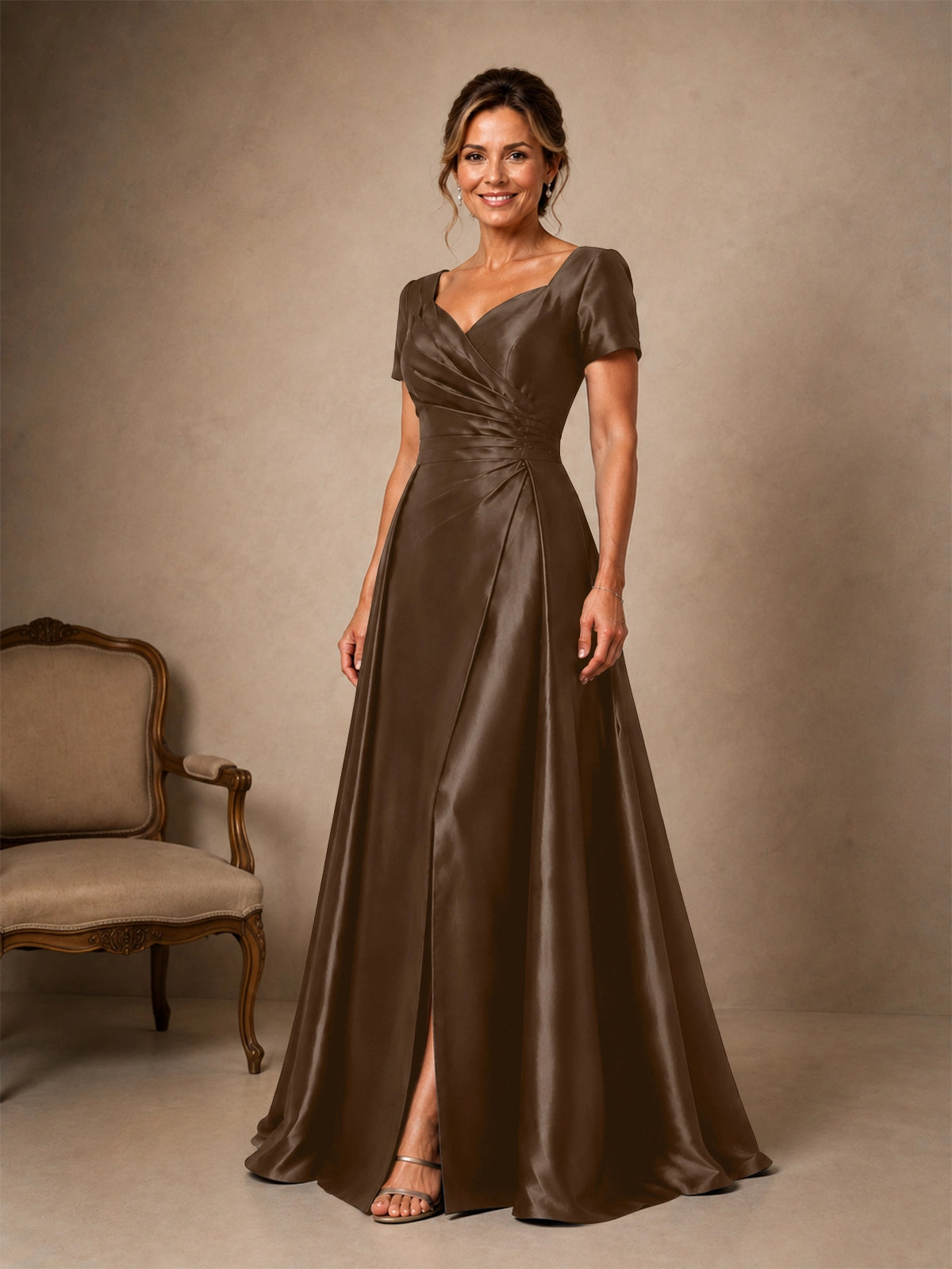 Silk-like Prom Dress with Short Sleeves 